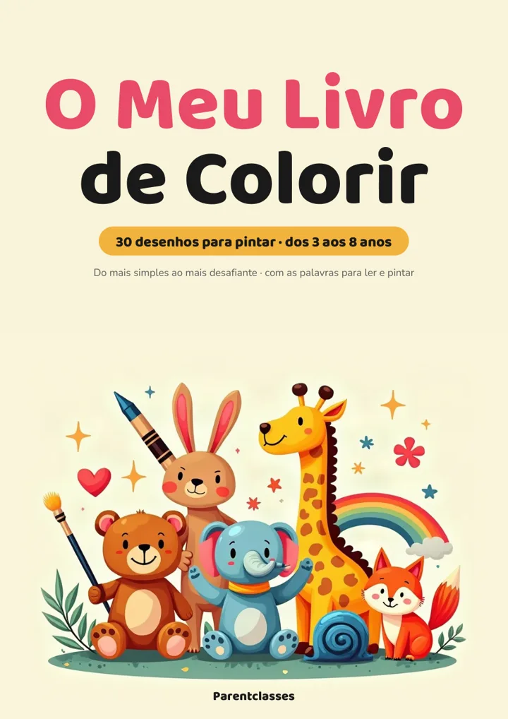 Capa de «O Meu Livro de Colorir», com um urso, um coelho, um elefante, uma girafa e uma raposa