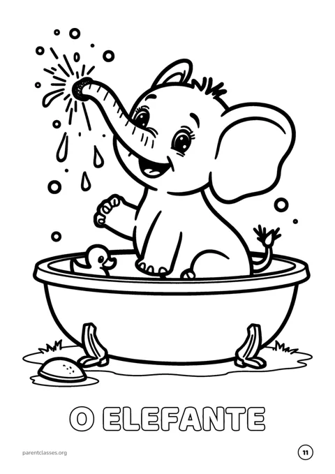Desenho para colorir de um elefante a tomar banho