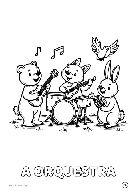 Desenho para colorir de uma banda de animais a tocar música